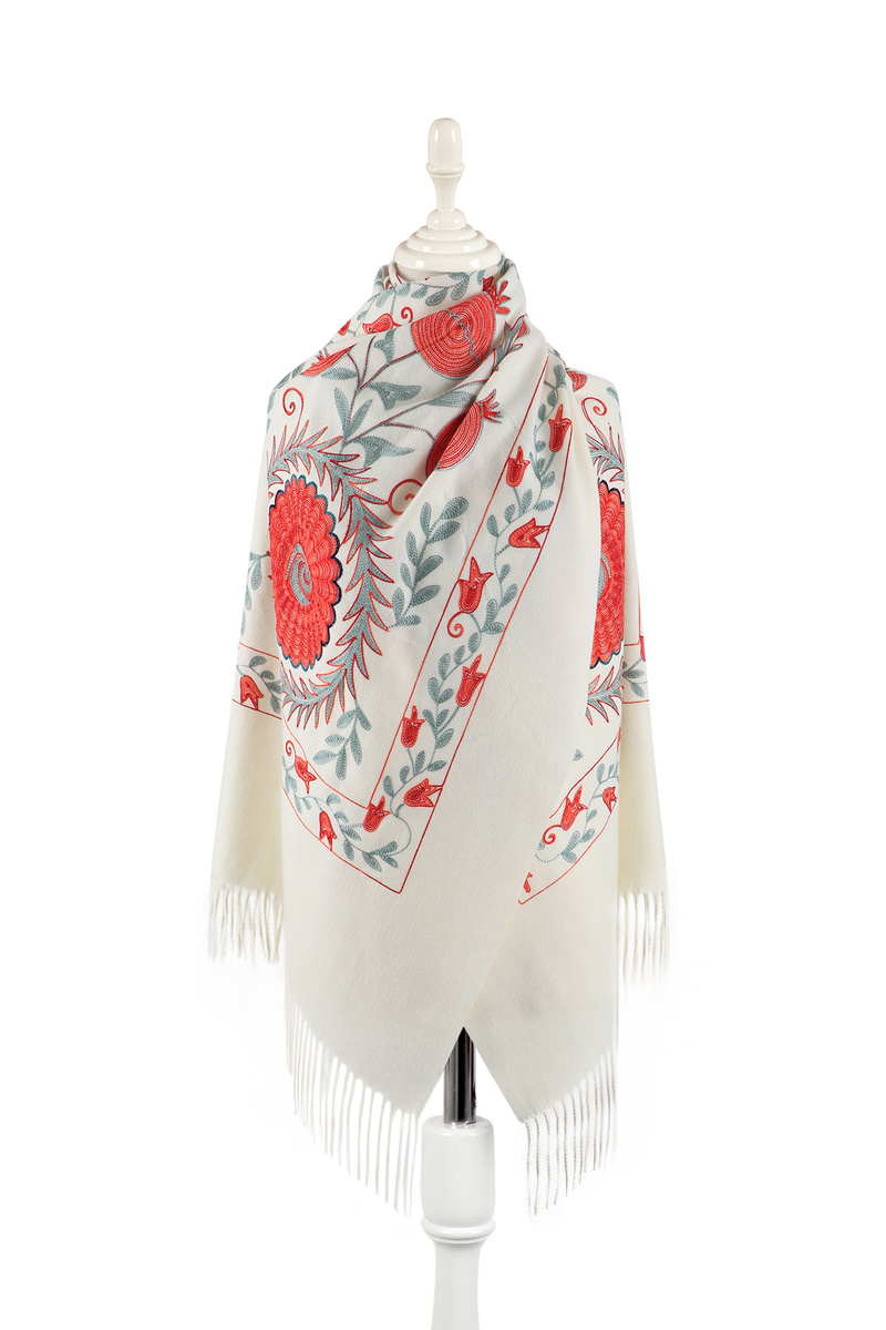 Cream Embroidered Winter Shawl - Bursa İpek