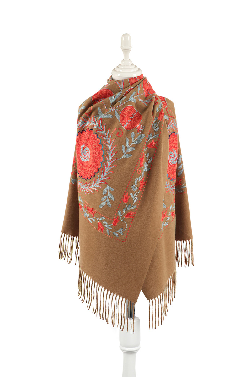 Dark Mustard Embroidered Winter Shawl - Bursa İpek