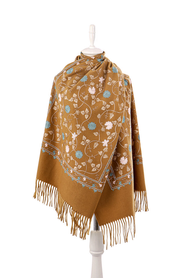 Dark Mustard Embroidered Winter Shawl - 2