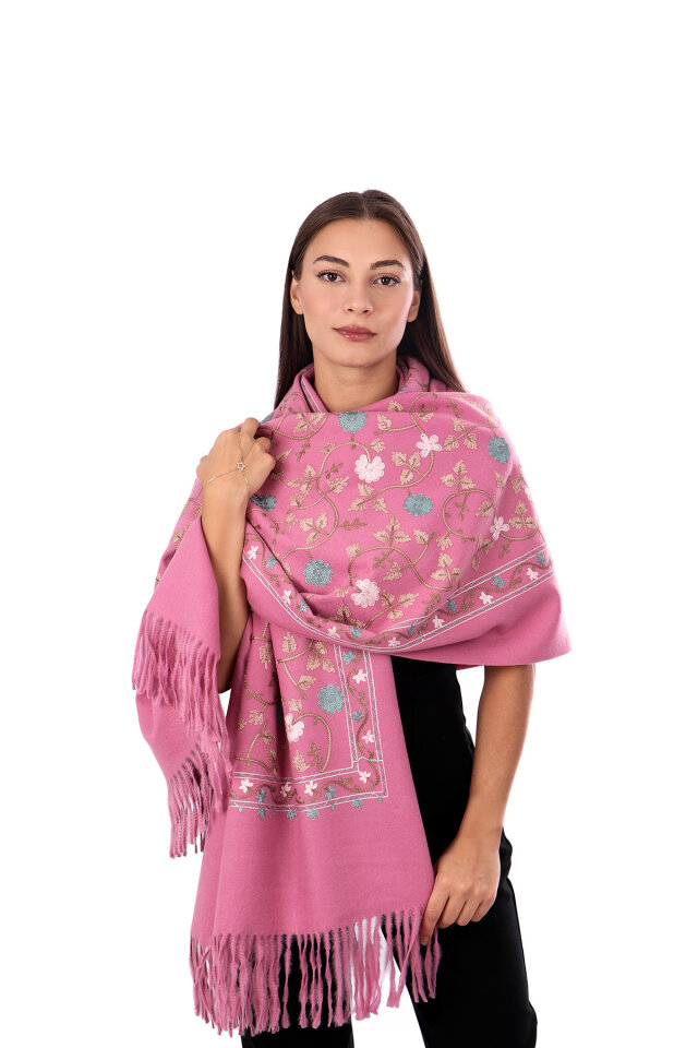 Dusty Rose Embroidered Winter Shawl - Bursa İpek