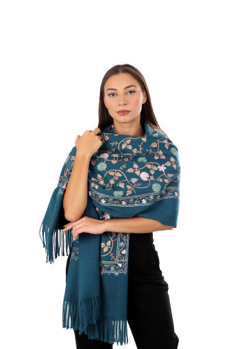 Petrol Blue Embroidered Winter Shawl 