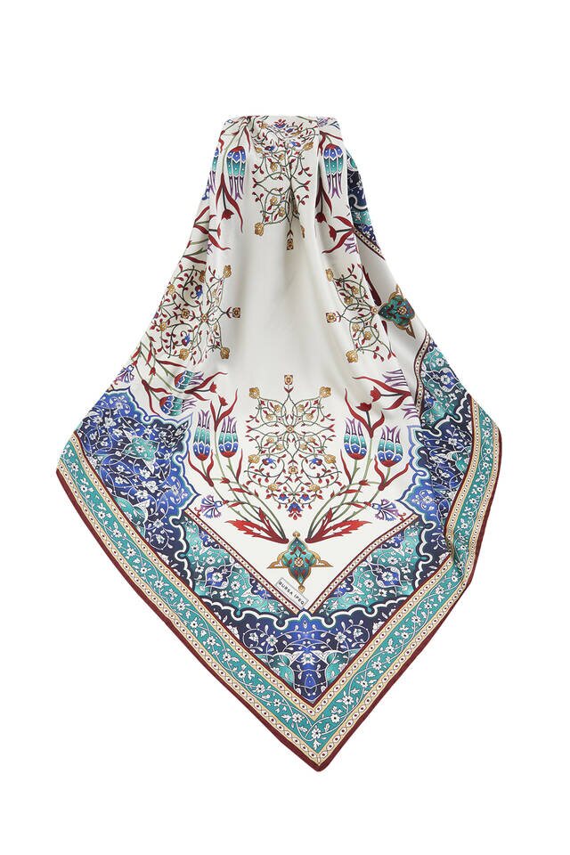 Emerald Claret Red Turkish Motif Candlestick Tulip Pattern Silky Square Scarf - 3