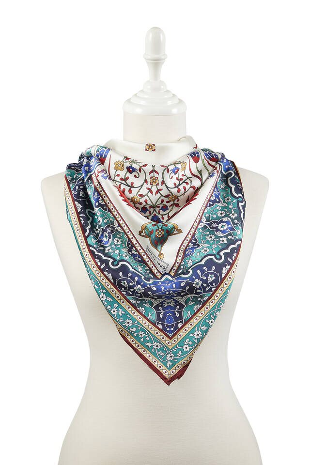 Emerald Claret Red Turkish Motif Candlestick Tulip Pattern Silky Square Scarf - 2