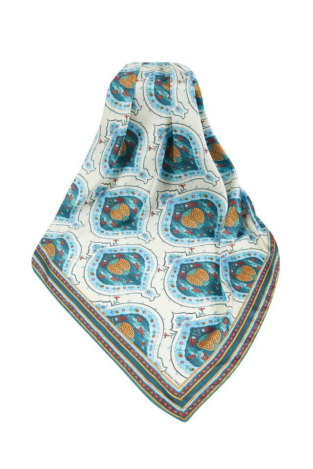 Emerald Turkish Patterned Pomegranate Pattern Silk Square Scarf - 3