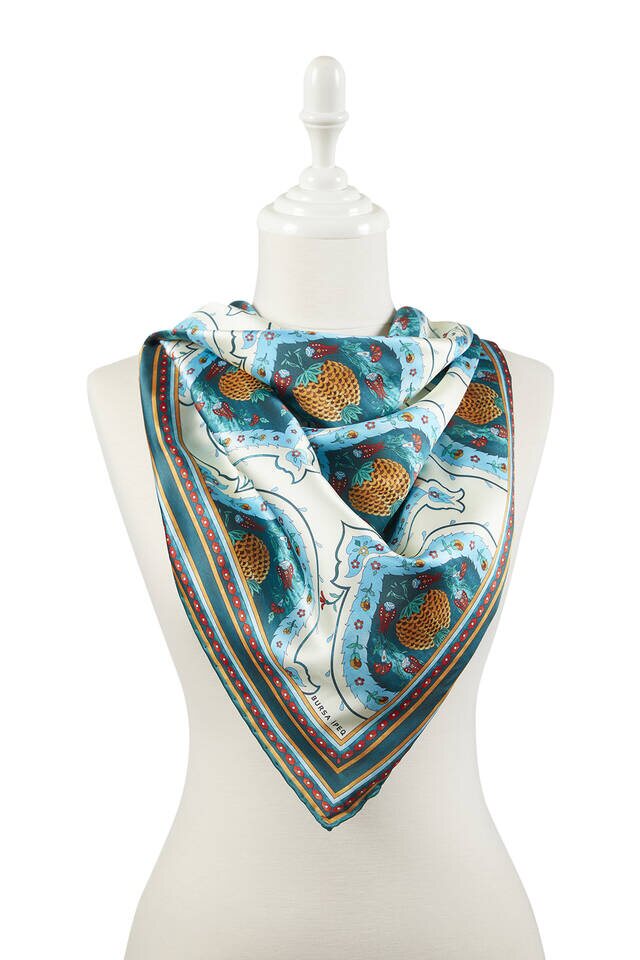 Emerald Turkish Patterned Pomegranate Pattern Silk Square Scarf - 2