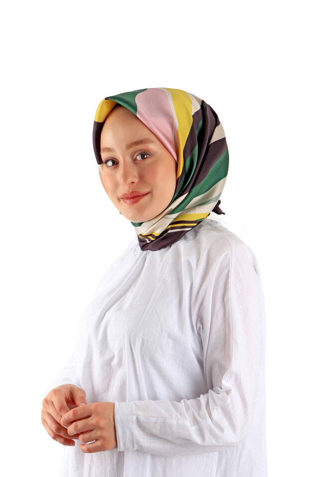 Emerald Wave Pattern Twill Silk Square Scarf - Bursa İpek