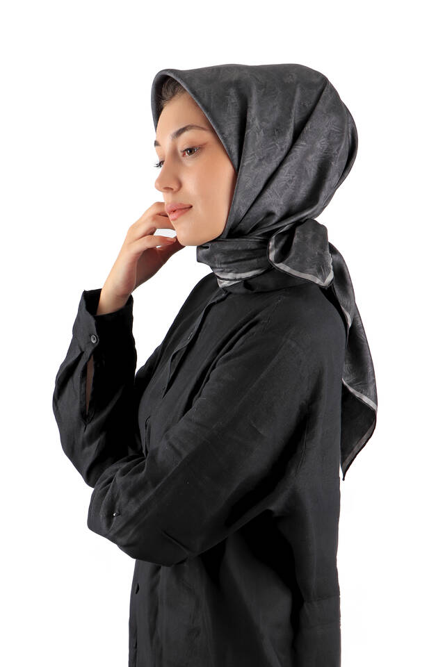 Siyah Fırça Desen Twill İpek Eşarp - 2