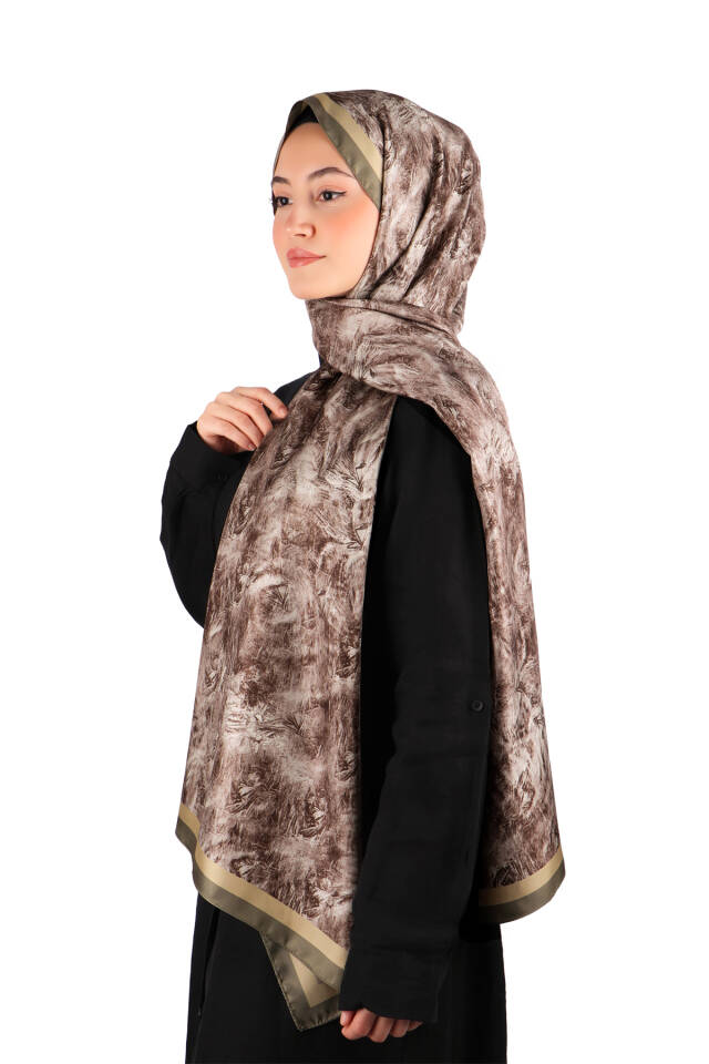 Kahverengi Fırça Desen Twill İpek Şal - 2