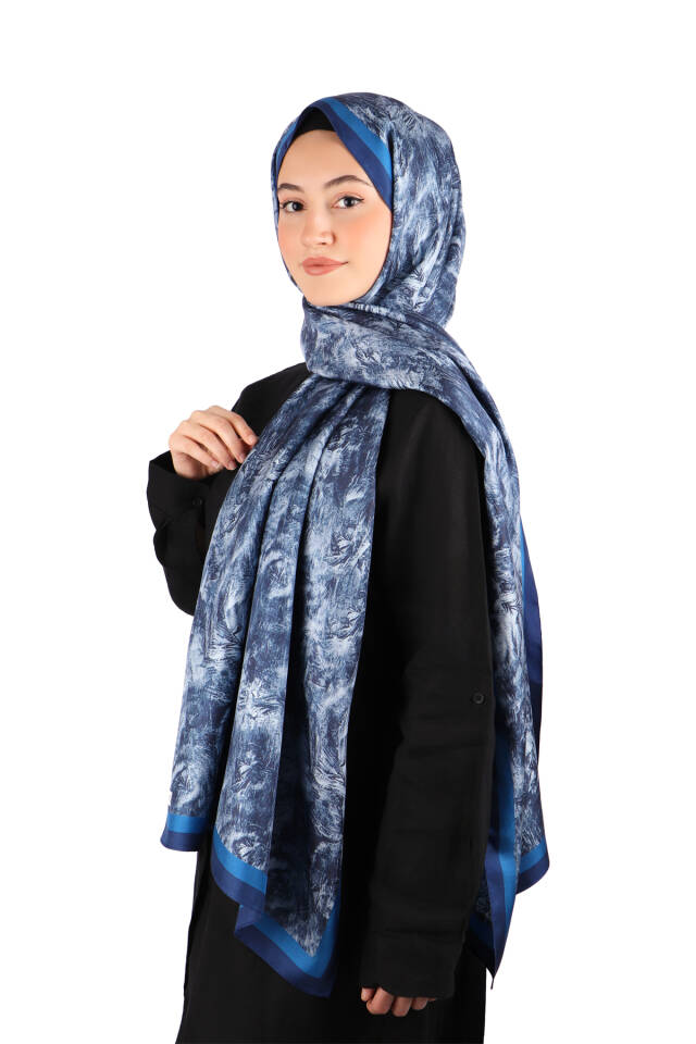 Lacivert Fırça Desen Twill İpek Şal - 2