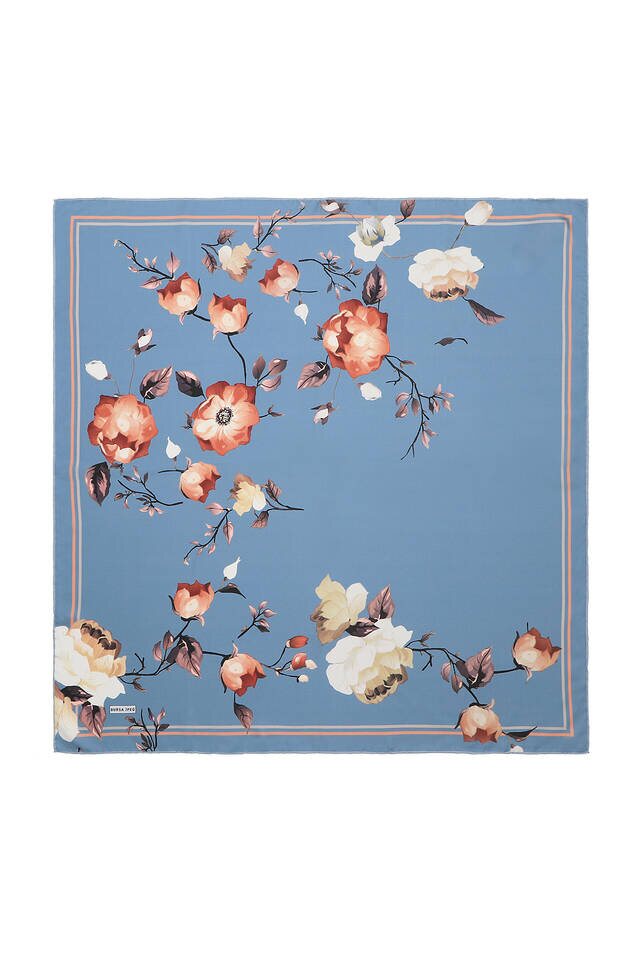 İndigo Floral Twill İpek Eşarp - 2