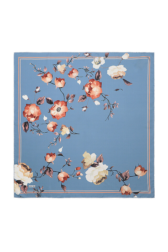 İndigo Floral Twill İpek Eşarp 