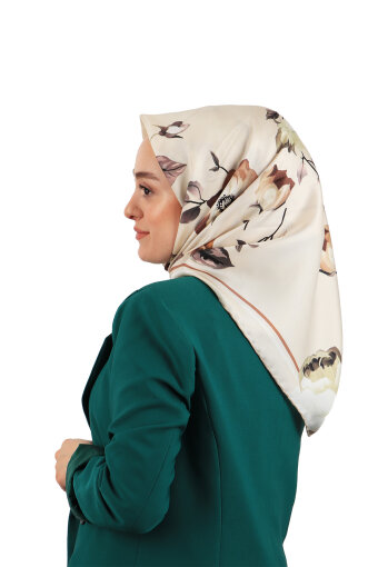 Krem Floral Twill İpek Eşarp 