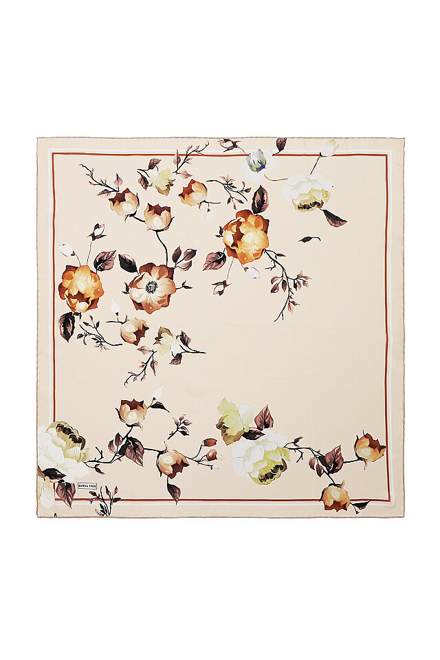 Krem Floral Twill İpek Eşarp - Bursa İpek