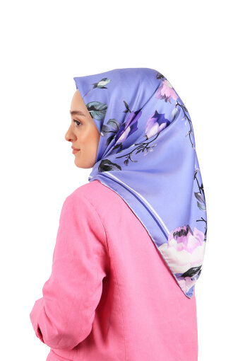 Lila Floral Twill İpek Eşarp 