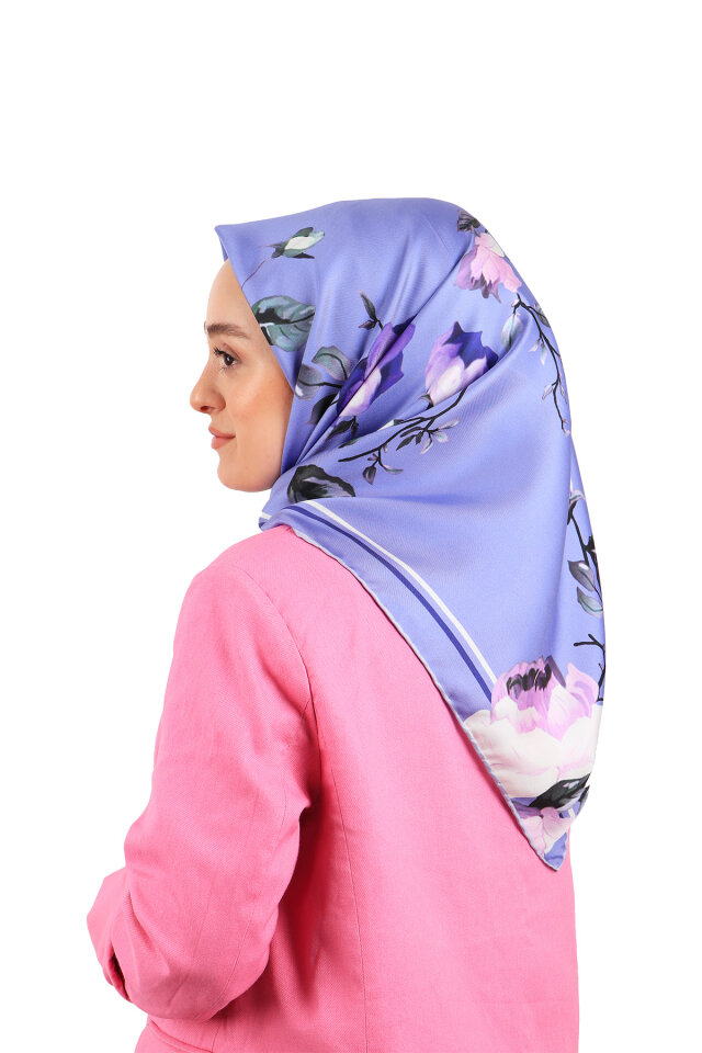 Lila Floral Twill İpek Eşarp 