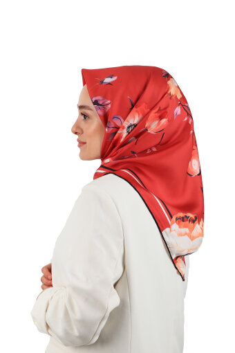 Mercan Floral Twill İpek Eşarp 