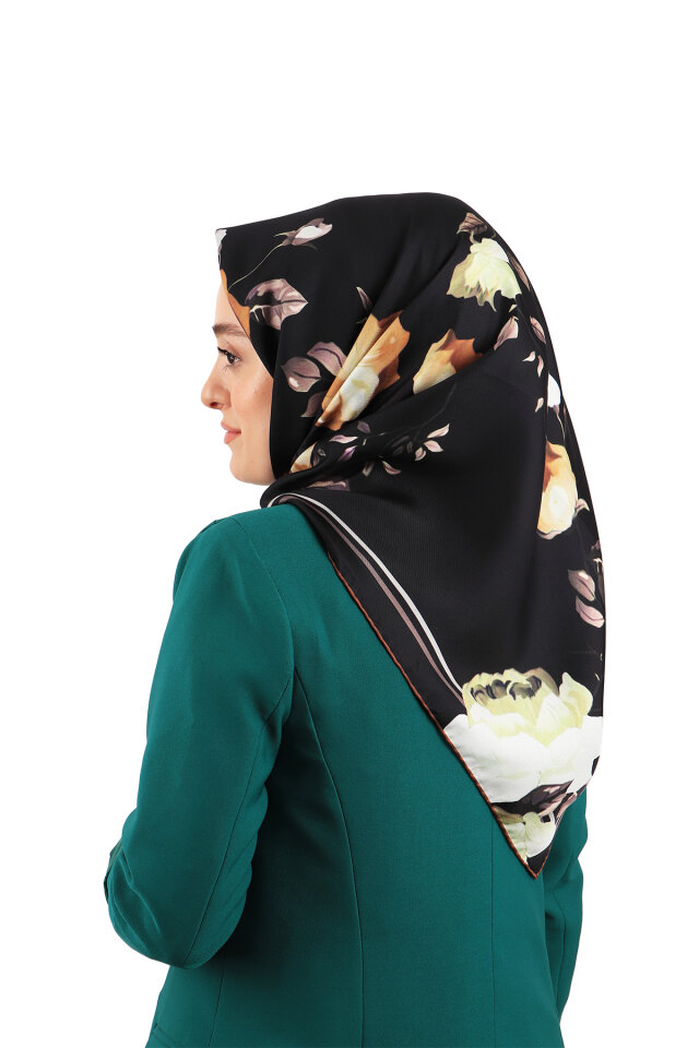 Siyah Floral Twill İpek Eşarp 