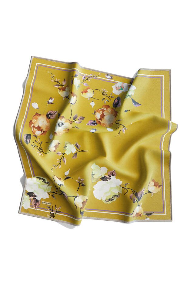 Yağ Yeşil Floral Twill İpek Eşarp - 4