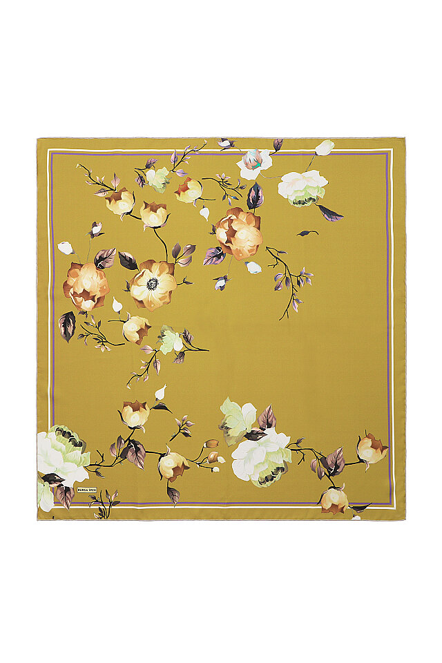 Yağ Yeşil Floral Twill İpek Eşarp 