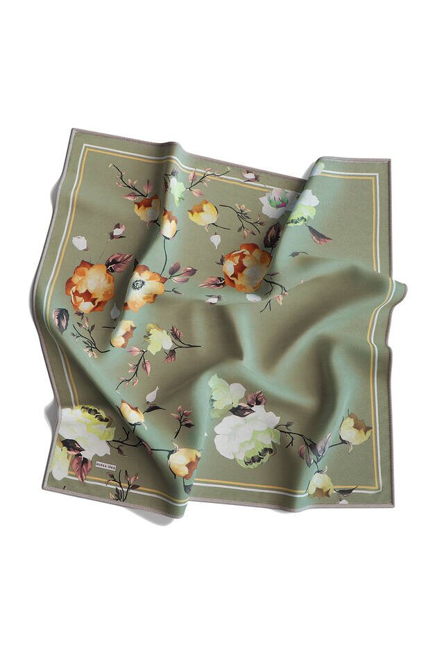 Yeşil Floral Twill İpek Eşarp - 4