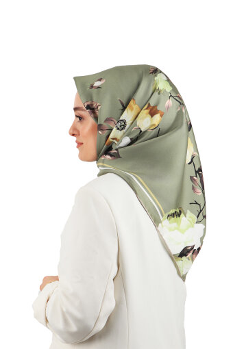 Yeşil Floral Twill İpek Eşarp 