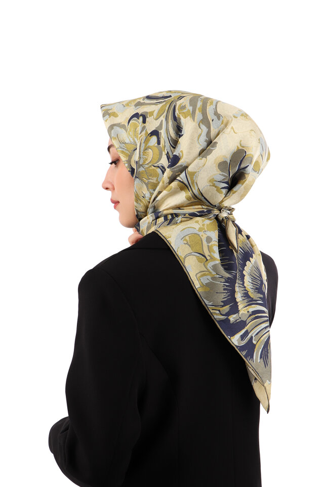 Asit Yeşil Flower Desen Twill İpek Eşarp 