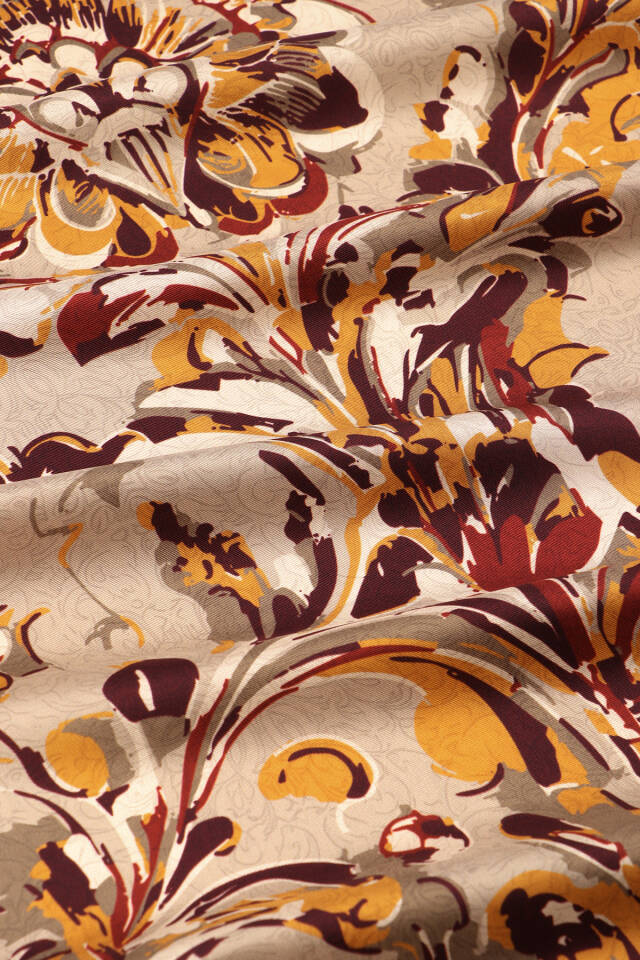 Bej Flower Desen Twill İpek Eşarp - 3