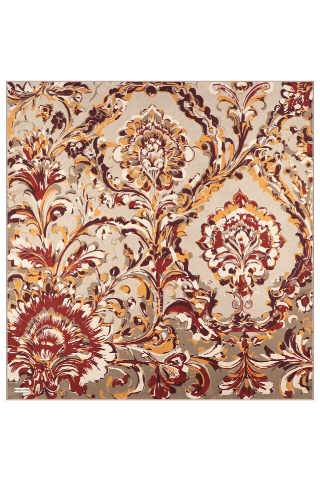 Bej Flower Desen Twill İpek Eşarp - 2
