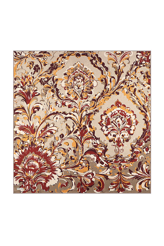 Bej Flower Desen Twill İpek Eşarp 