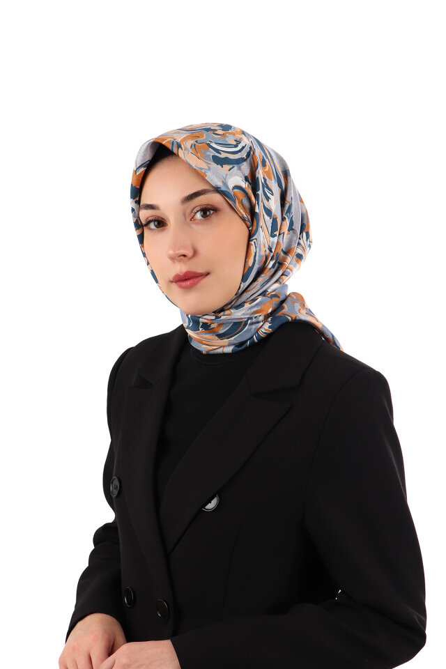 Buz Mavi Flower Desen Twill İpek Eşarp 