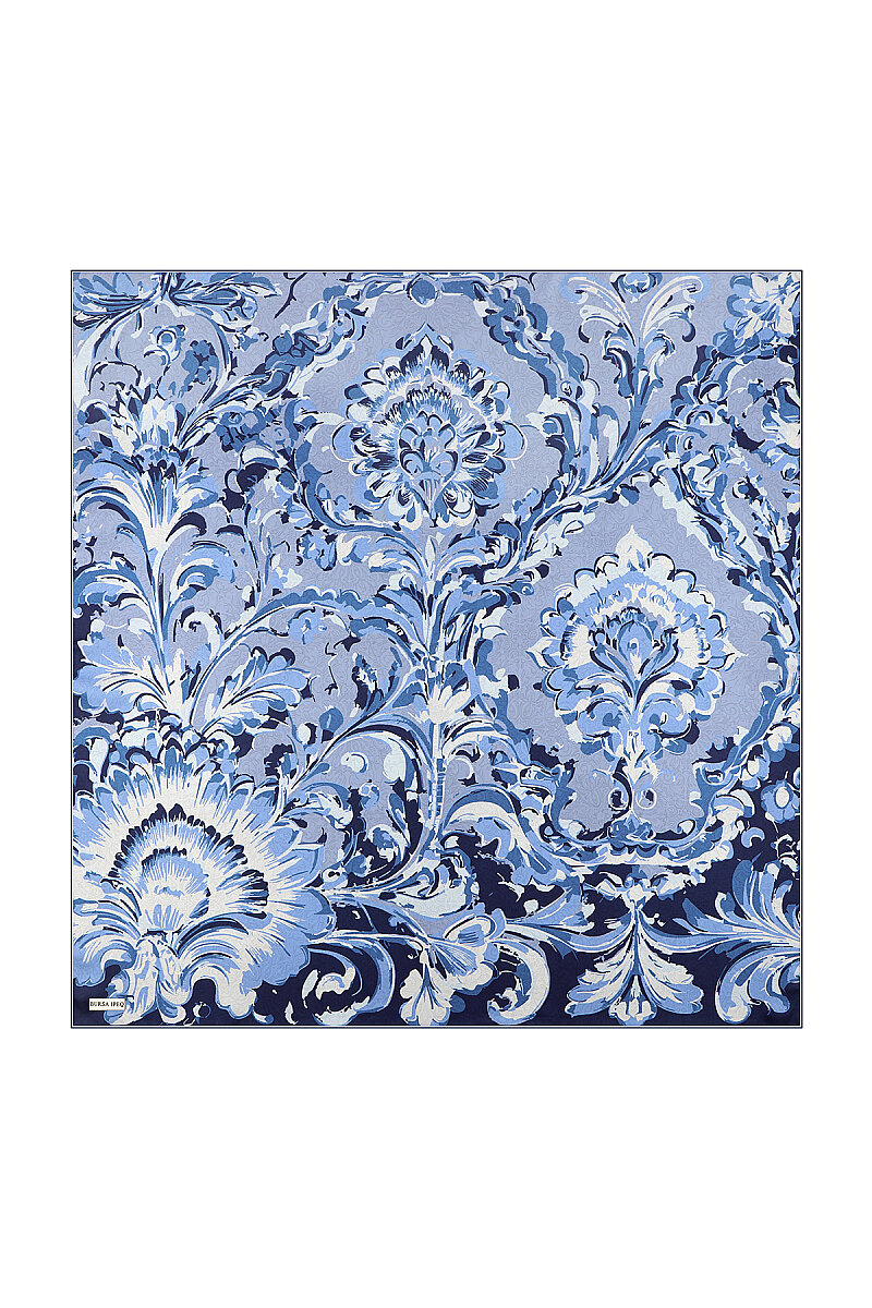 Lacivert Flower Desen Twill İpek Eşarp