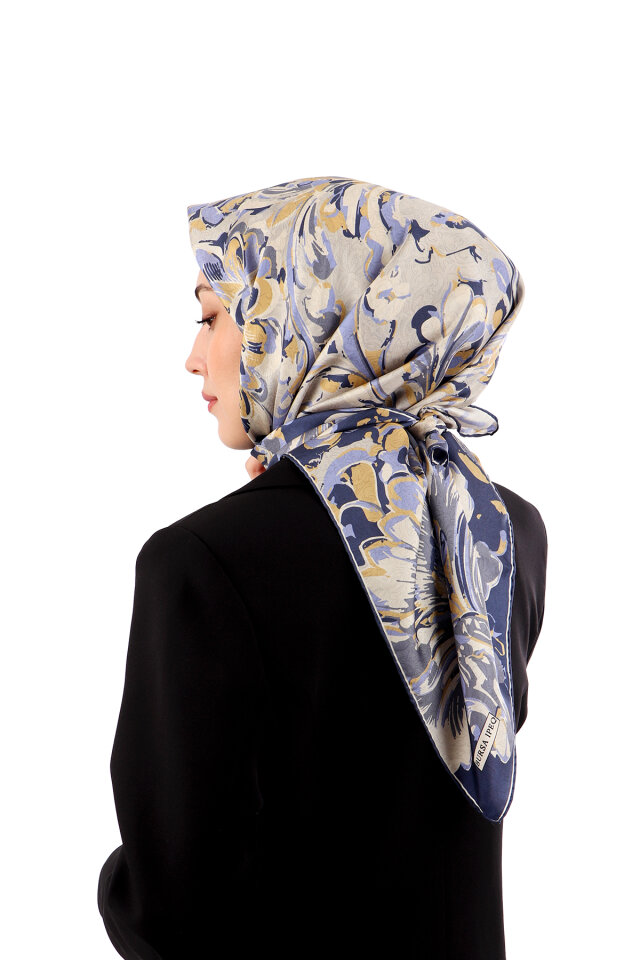 Lila Flower Desen Twill İpek Eşarp 