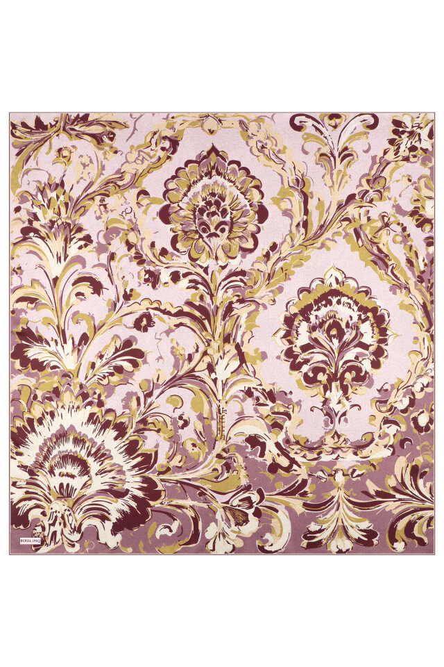 Mürdüm Flower Desen Twill İpek Eşarp - 2
