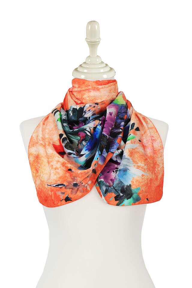 Turuncu Flower İpeksi Fular - 2