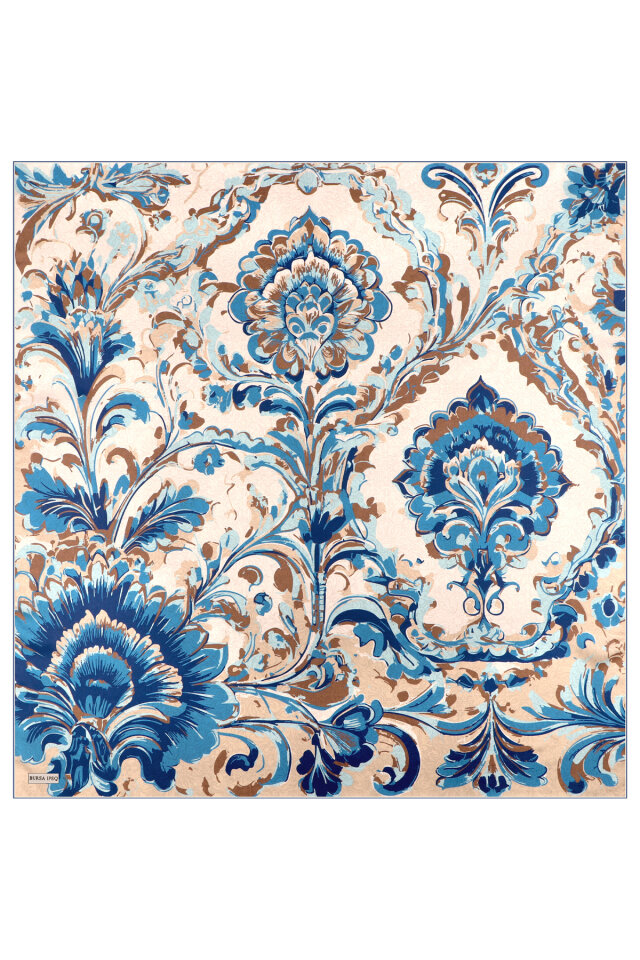 Indigo Flower Pattern Twill Silk Scarf - 2