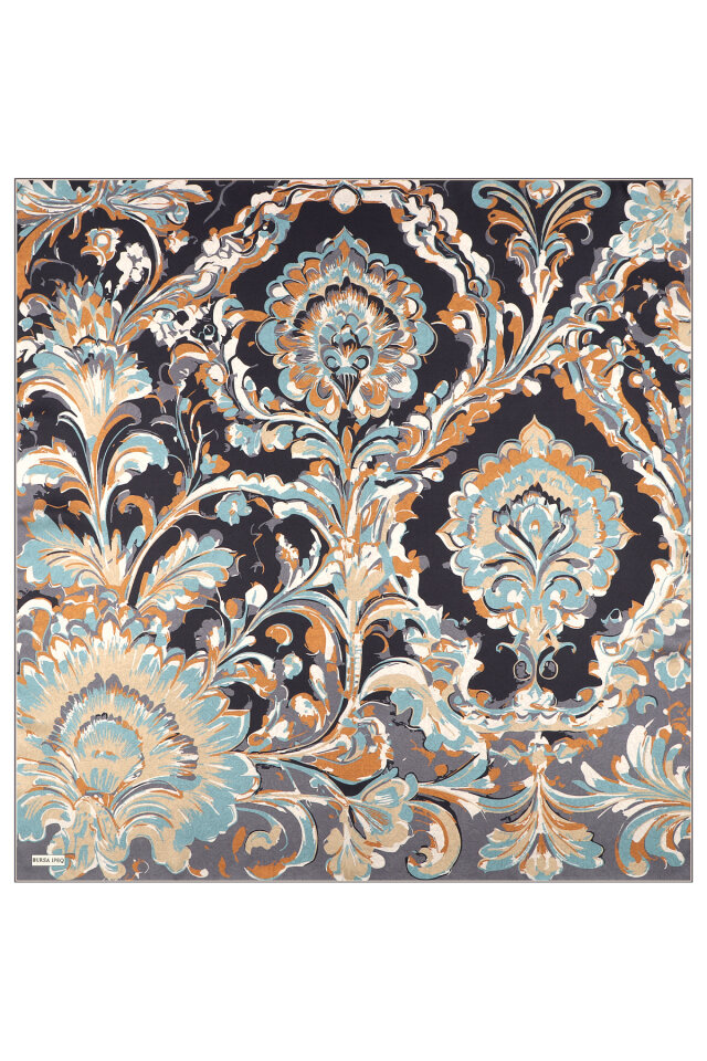 Black Flower Pattern Twill Silk Scarf - 2