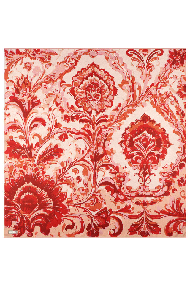 Burgundy Flower Pattern Twill Silk Scarf - 2