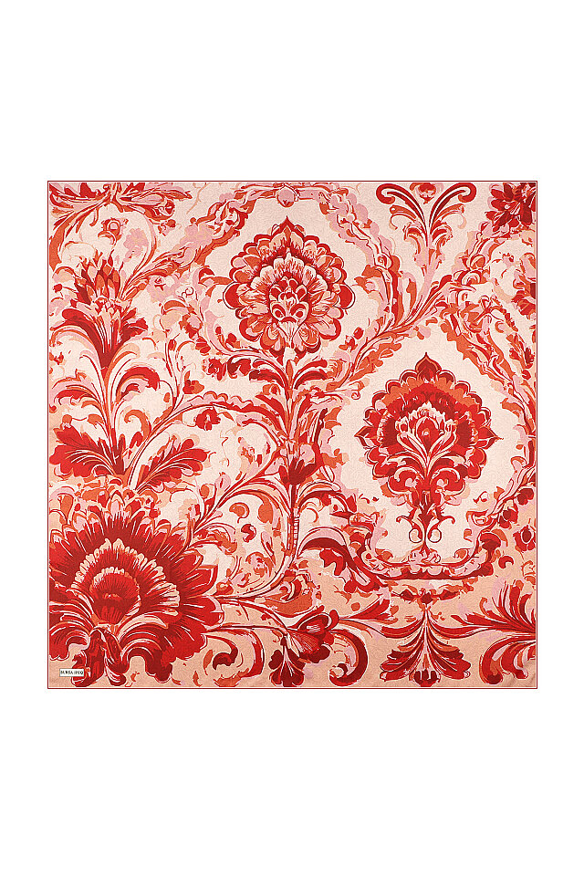 Burgundy Flower Pattern Twill Silk Scarf - Bursa İpek