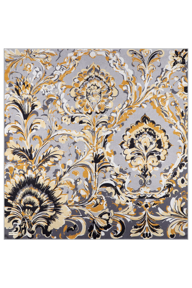 Gold Flower Pattern Twill Silk Scarf - 2