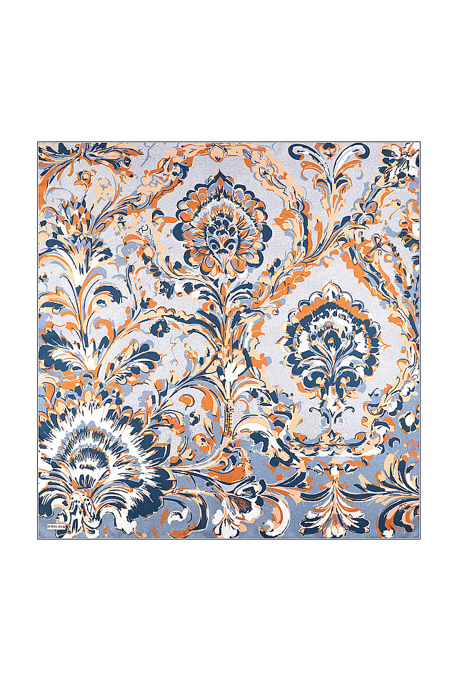 Ice Blue Flower Pattern Twill Silk Scarf 