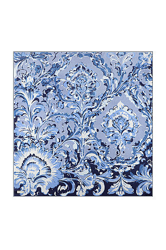 Navy Blue Flower Pattern Twill Silk Scarf 