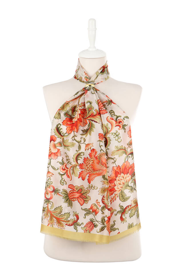 Acid Green Floral Pattern Voile Silk Scarf - 2