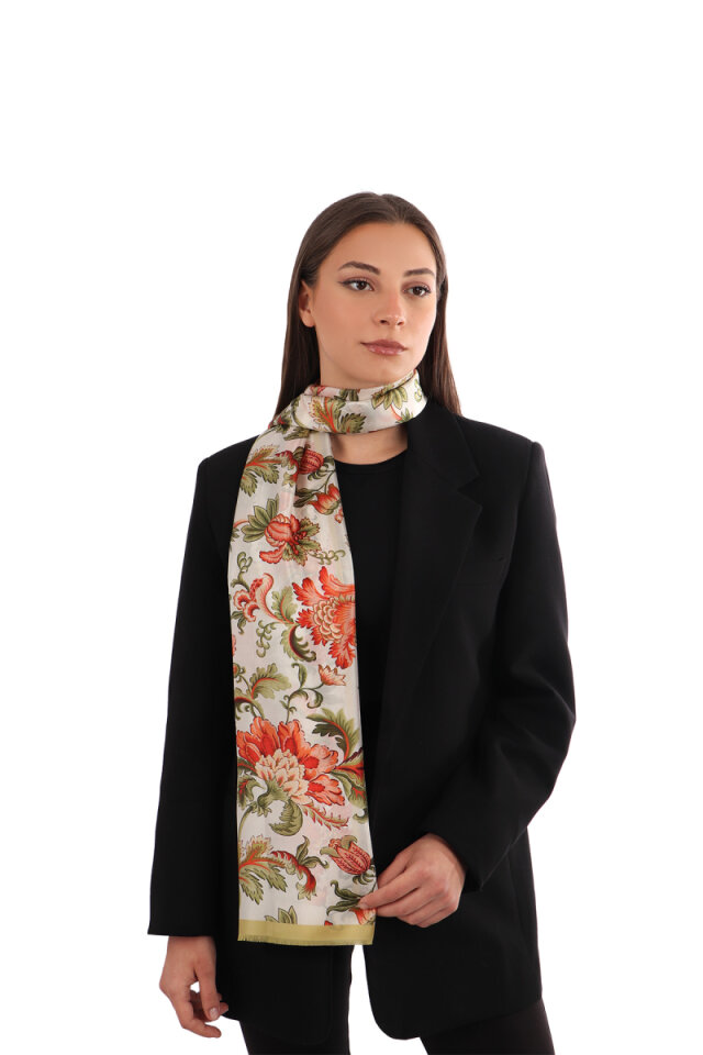 Acid Green Floral Pattern Voile Silk Scarf 