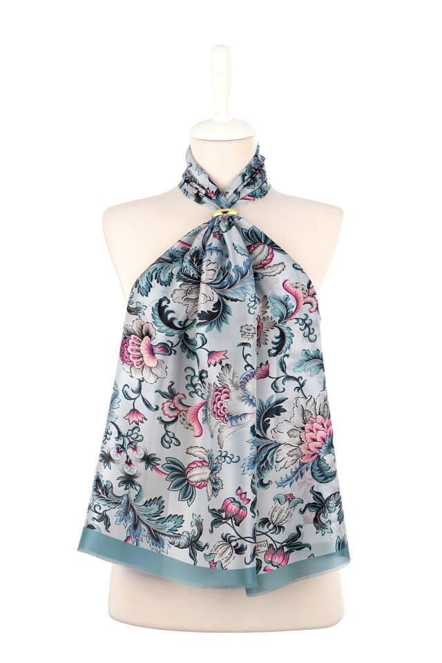Baby Blue Floral Pattern Voile Silk Scarf - 2