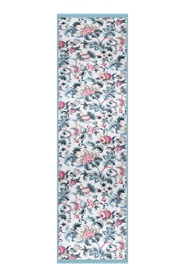 Baby Blue Floral Pattern Voile Silk Scarf - 4