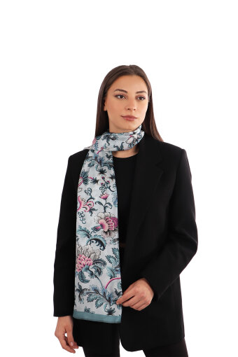 Baby Blue Floral Pattern Voile Silk Scarf 