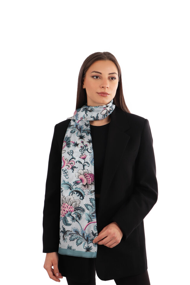 Baby Blue Floral Pattern Voile Silk Scarf 
