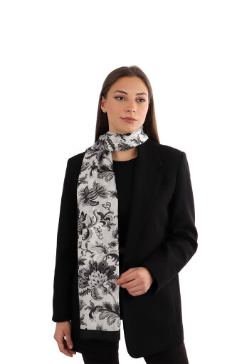 Black Floral Pattern Voile Silk Scarf 