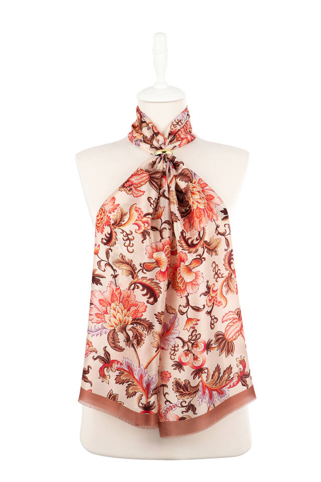 Brown Floral Pattern Voile Silk Scarf - 2
