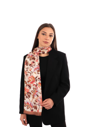 Brown Floral Pattern Voile Silk Scarf 